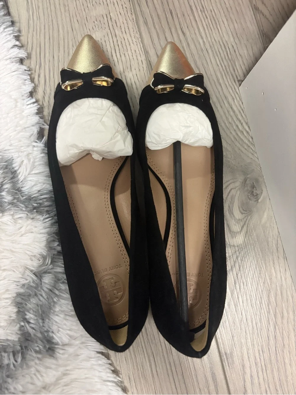Tory Burch Black Suede Flats with Gold Pointed Toe